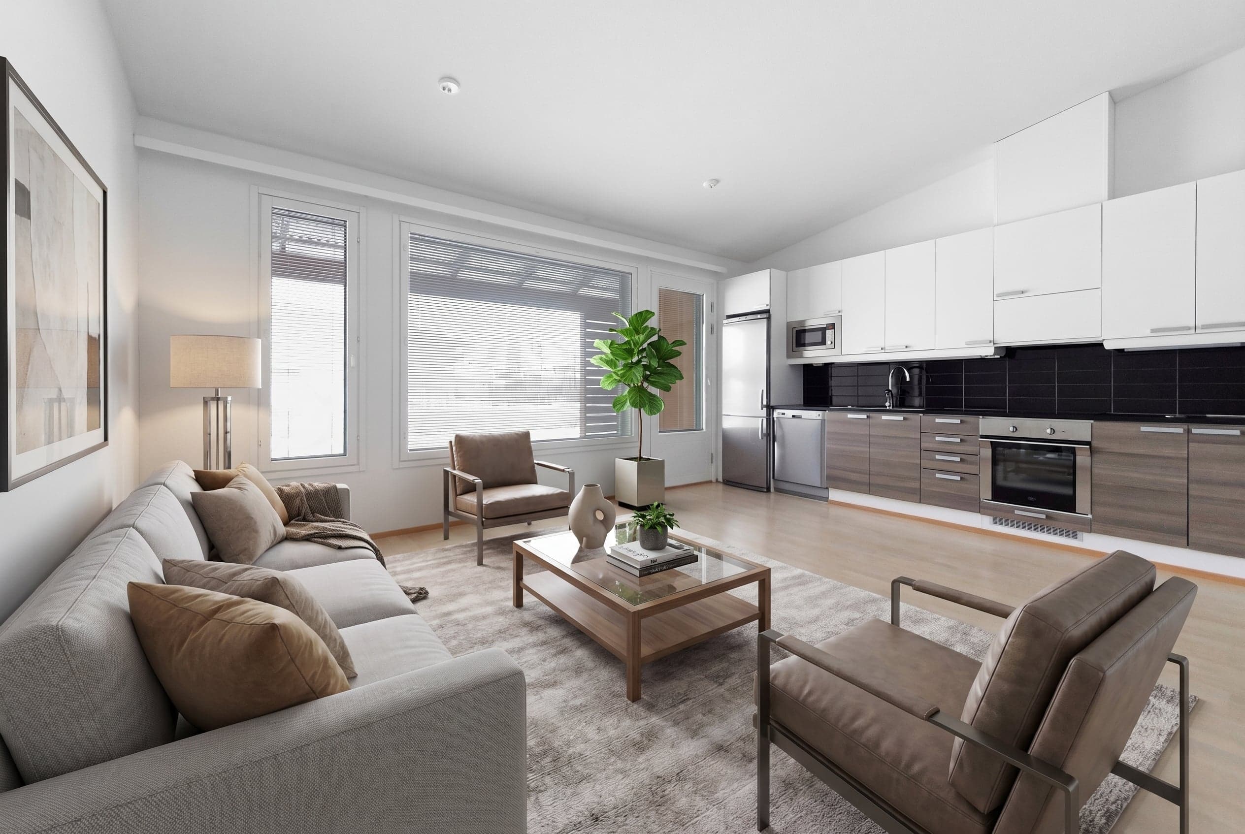 Same living room, virtually staged with Roomova