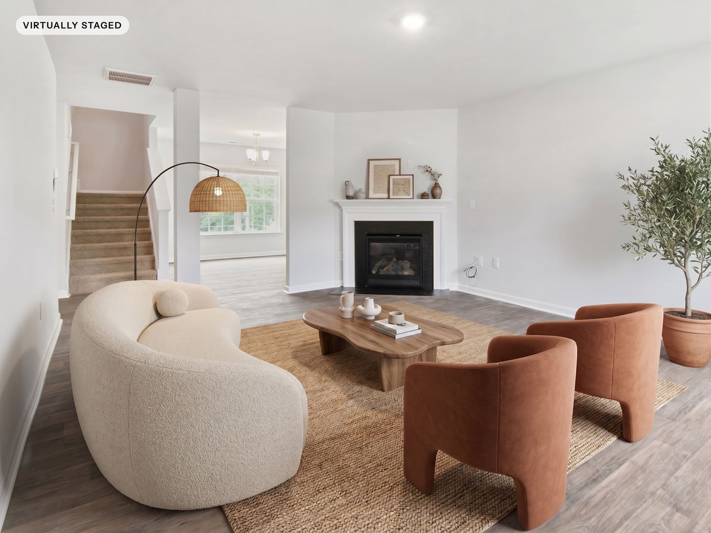 Bedroom, virtually staged: real Roomova render with the disclosure tag