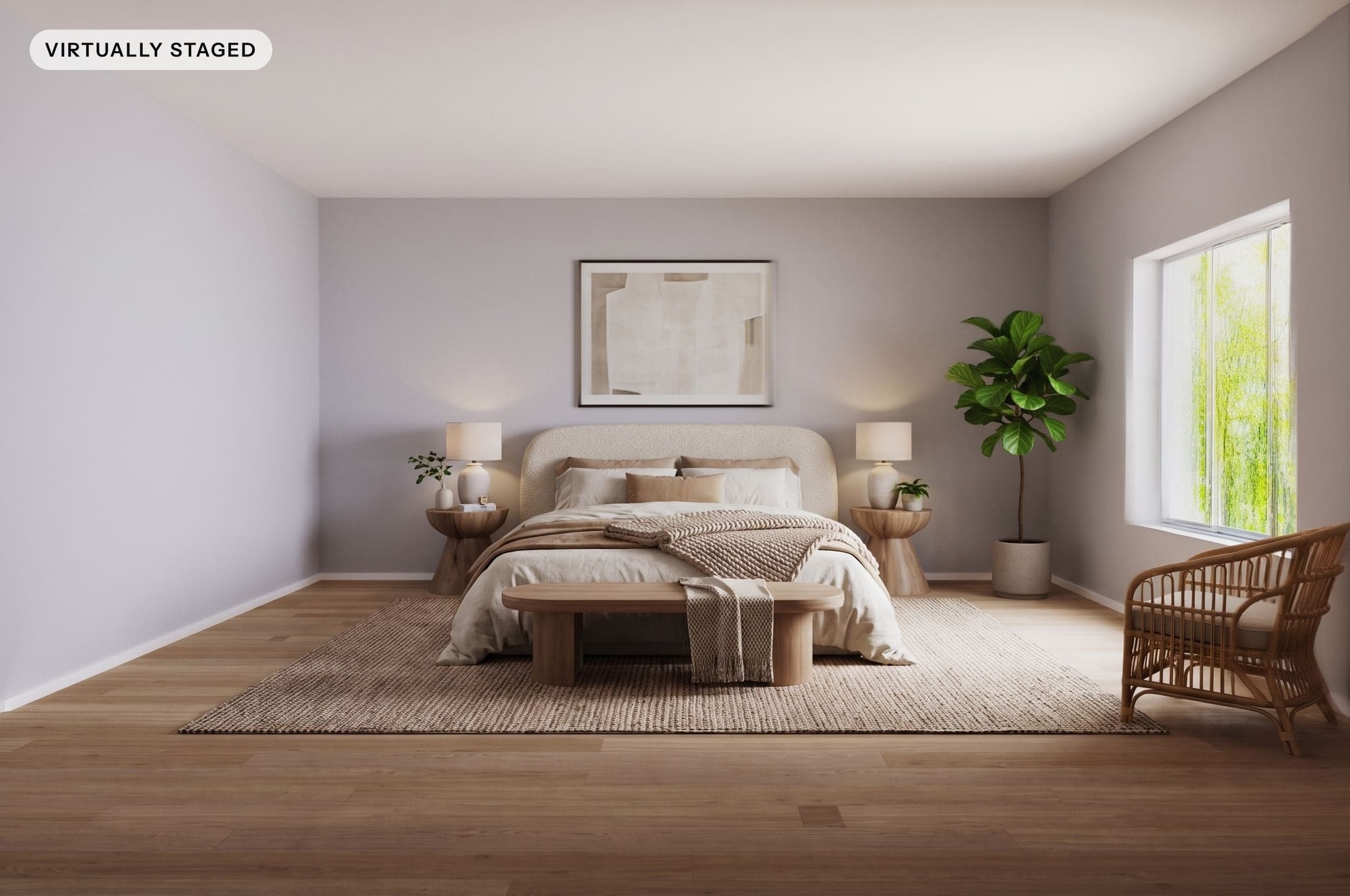 Bedroom, virtually staged: real Roomova render with the disclosure tag