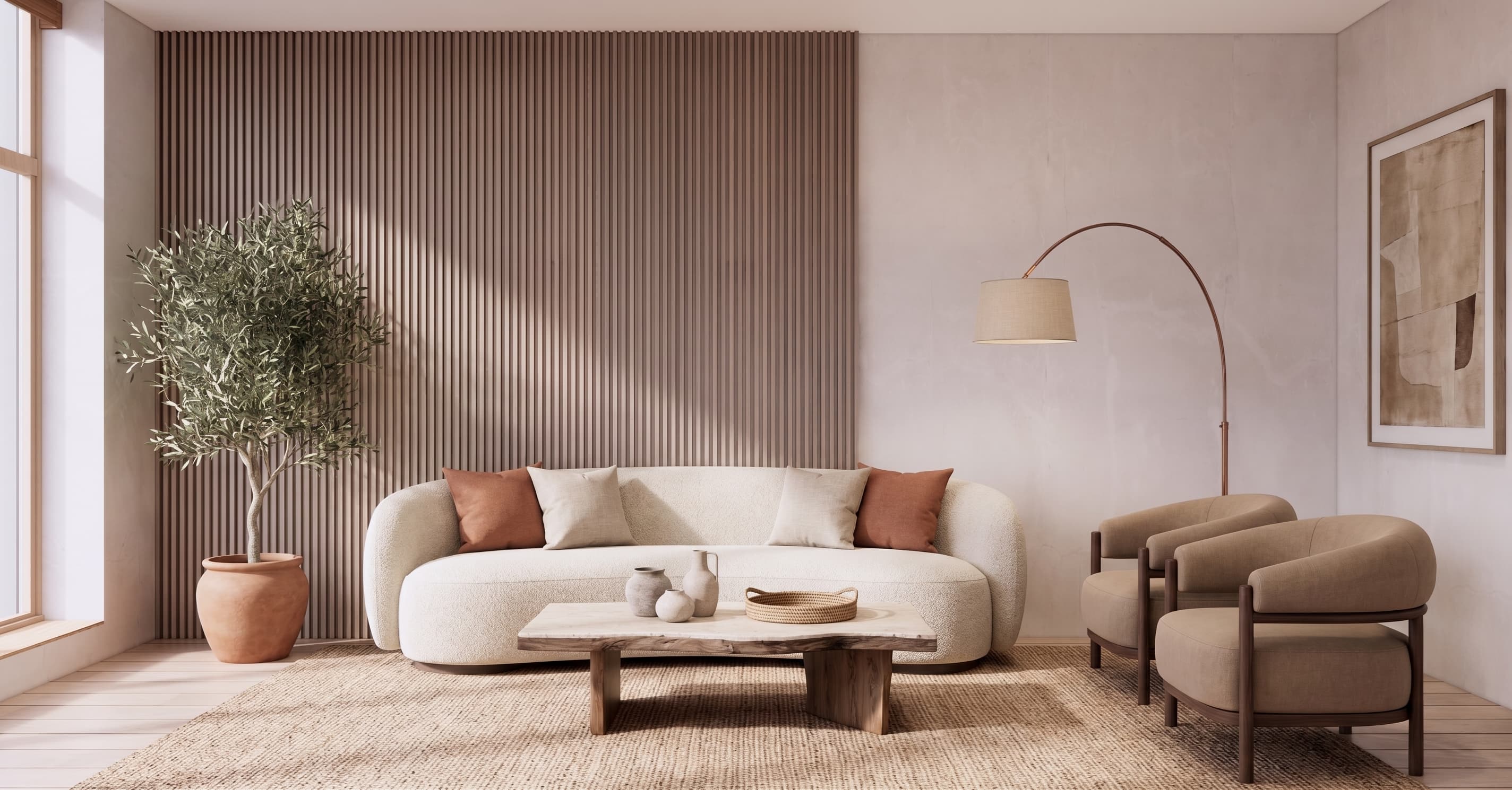 Warm Modern virtual staging: real Roomova render (after)